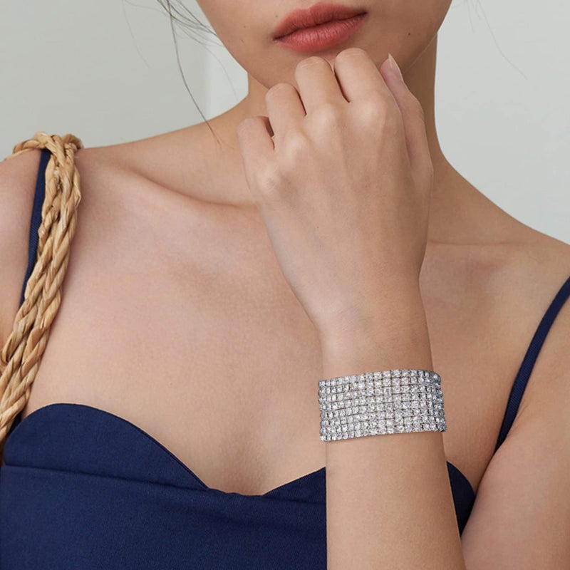 Zealmer Women Clear Rhinestone 8 Row Stretch Bracelet Silver Tone 6.5 inch (small) - Image 2